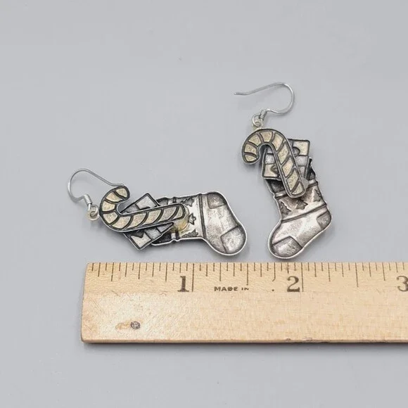 Vintage Christmas Stocking Pierced Earrings Enamel Silver tone Dangle 1 3/8" - Picture 2 of 6